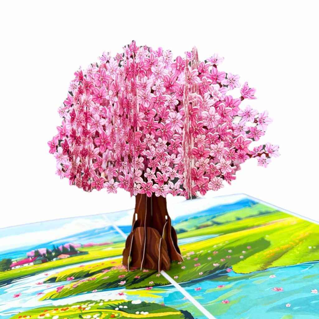 Plum Pink Cherry Blossom Tree on Green Fields 3D Pop Up Greeting Card