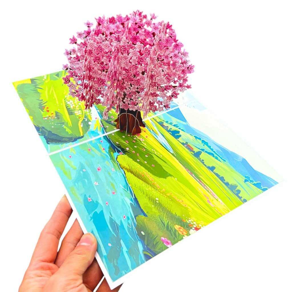 Plum Pink Cherry Blossom Tree on Green Fields 3D Pop Up Greeting Card