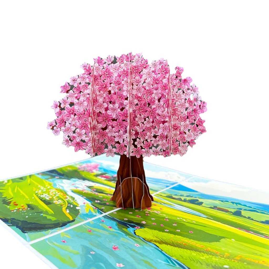Plum Pink Cherry Blossom Tree on Green Fields 3D Pop Up Greeting Card