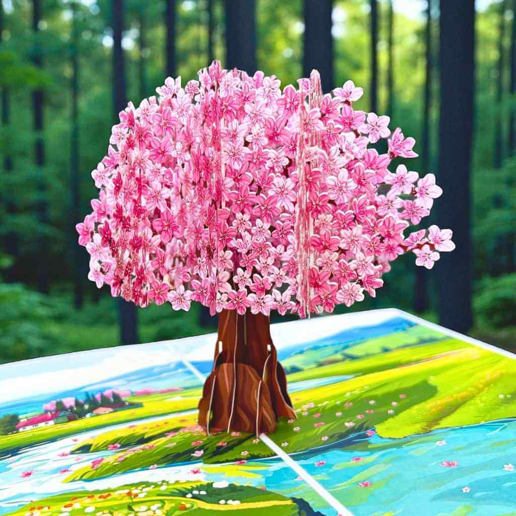 Plum Pink Cherry Blossom Tree on Green Fields 3D Pop Up Greeting Card