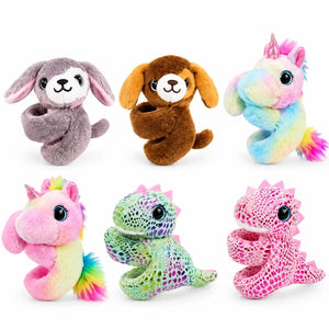 Six assorted plush animal slap bracelets featuring puppies unicorns and dinosaurs