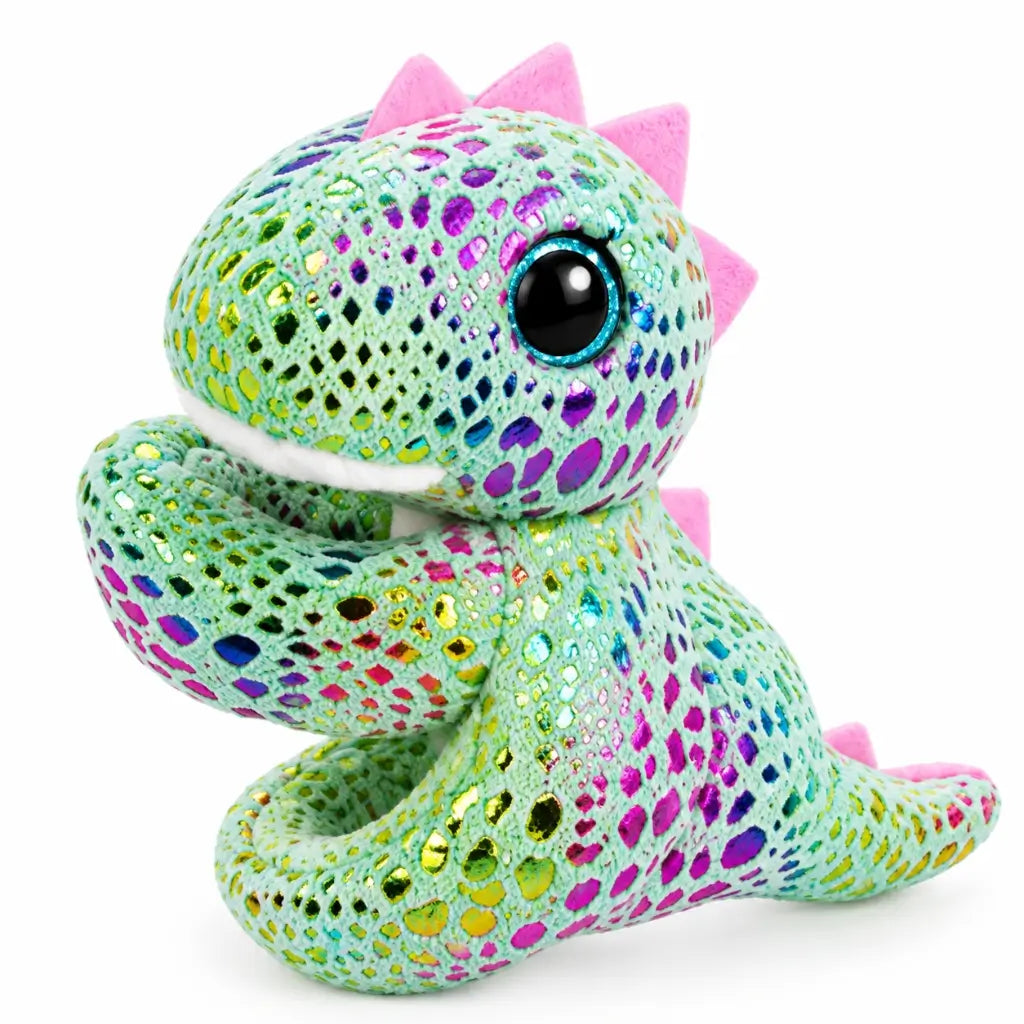 Shimmering dinosaur plush slap bracelet with colourful scale patterns