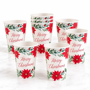 Merry Christmas poinsettia paper cup with red floral artwork