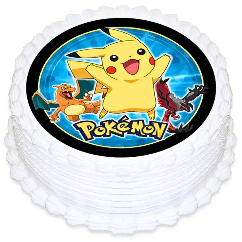 Pokemon 16cm round edible icing cake topper with Pikachu, Charizard & Yveltal