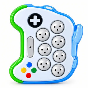 Portable quick reaction button game with a flexible attachment loop