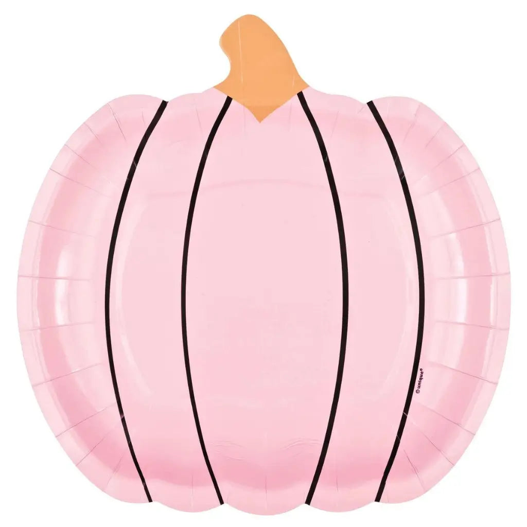 Posh Halloween pink pumpkin-shaped paper plates measuring 22cm