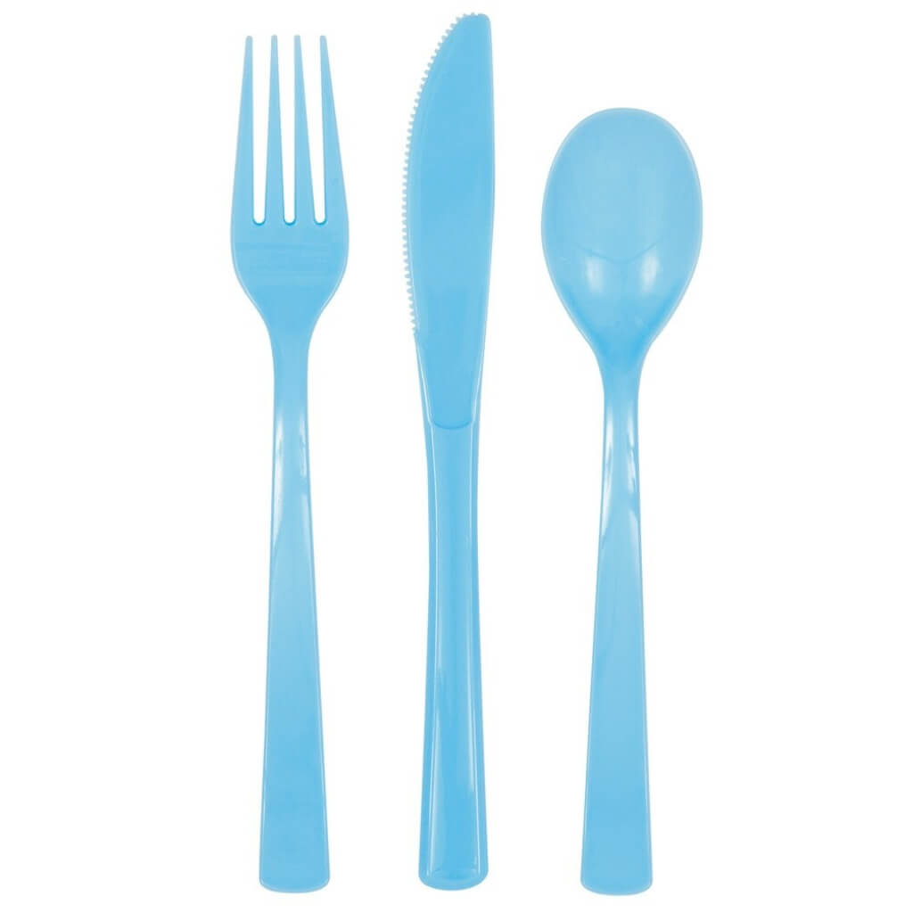 Blue forks knives and spoons reusable party set