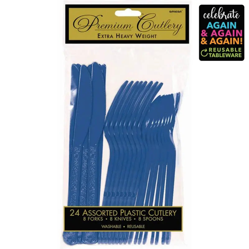 Premium Bright Royal Blue Plastic Cutlery Set 24pk
