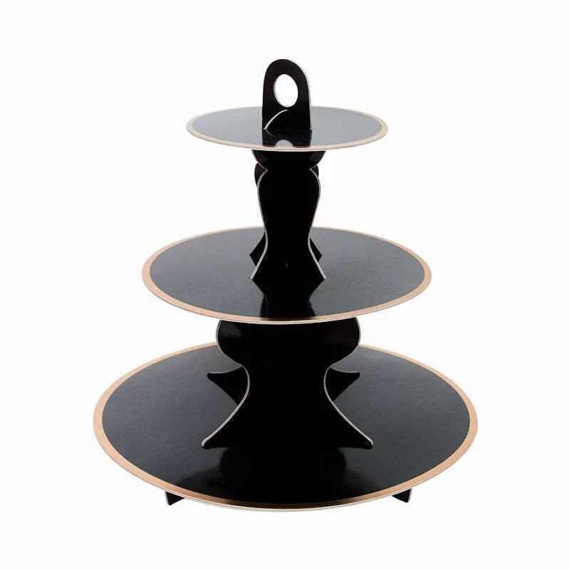 Premium Round Black Gold Trim 3 Tier Cupcake Stand