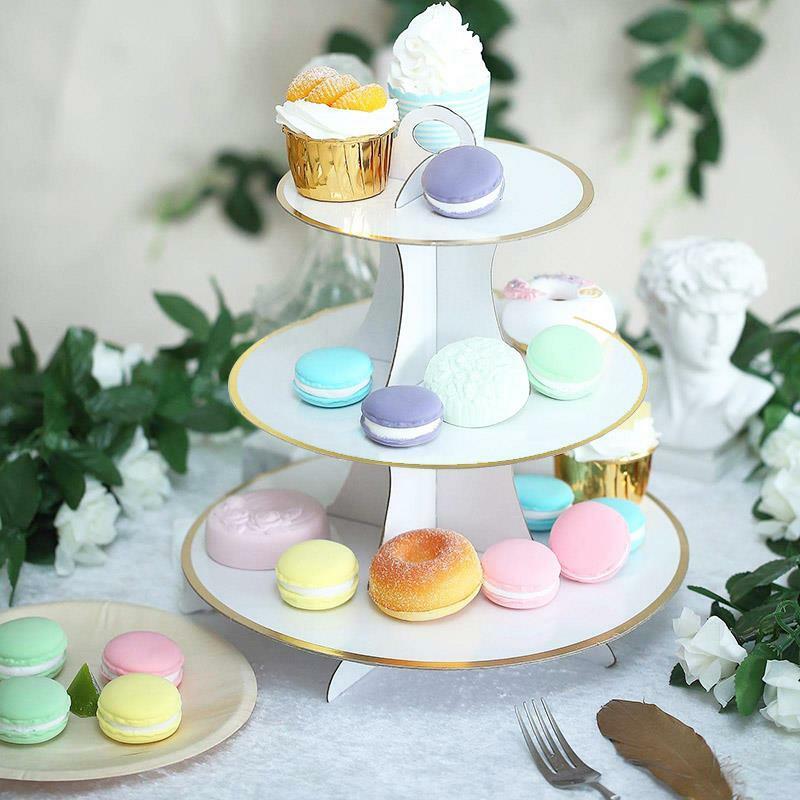 Premium Round White 3 Tier Cupcake Stand with  Gold Rim