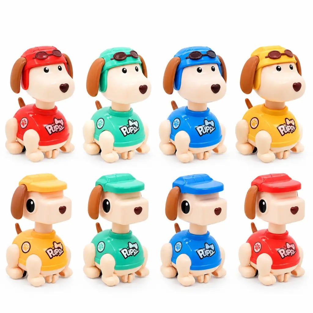 Press and Go Puppy toys in red mint green blue and yellow colours