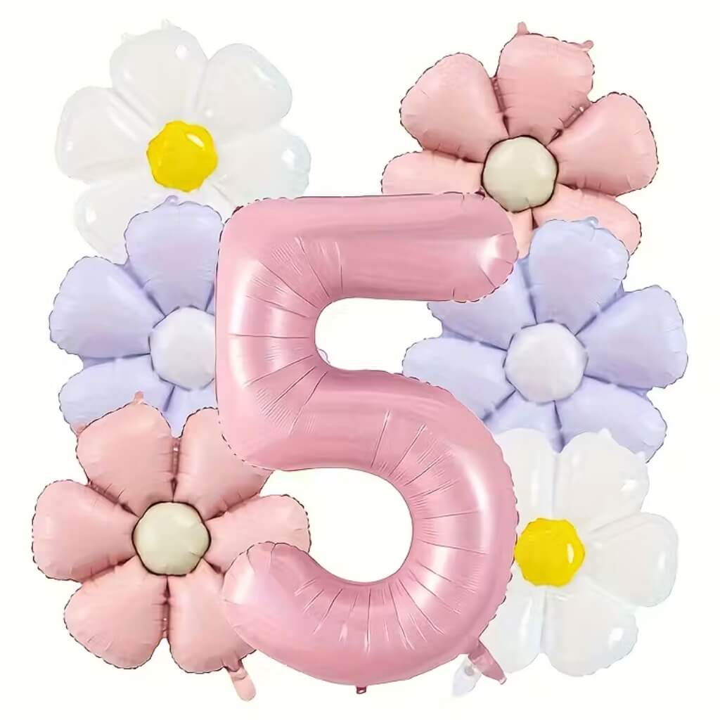 Pretty Daisy and Jumbo Pink Number 5 Balloon Bouquet for birthday