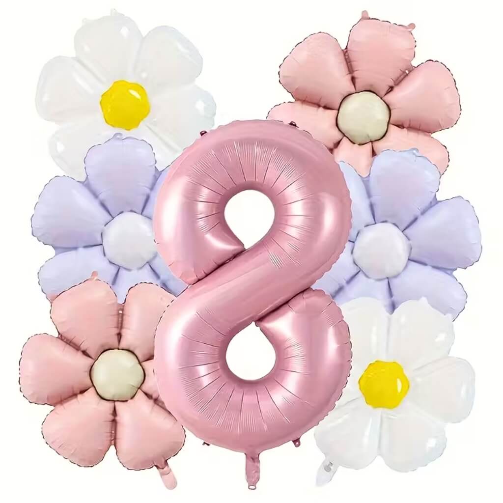 Pretty Daisy and Jumbo Pink Number 8 Balloon Bouquet for birthday