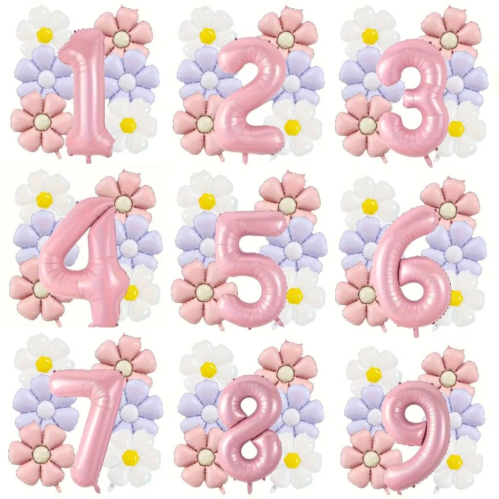 Assorted Daisy and Jumbo Pink Number Foil Balloon Bundle 7pk for Birthday Party