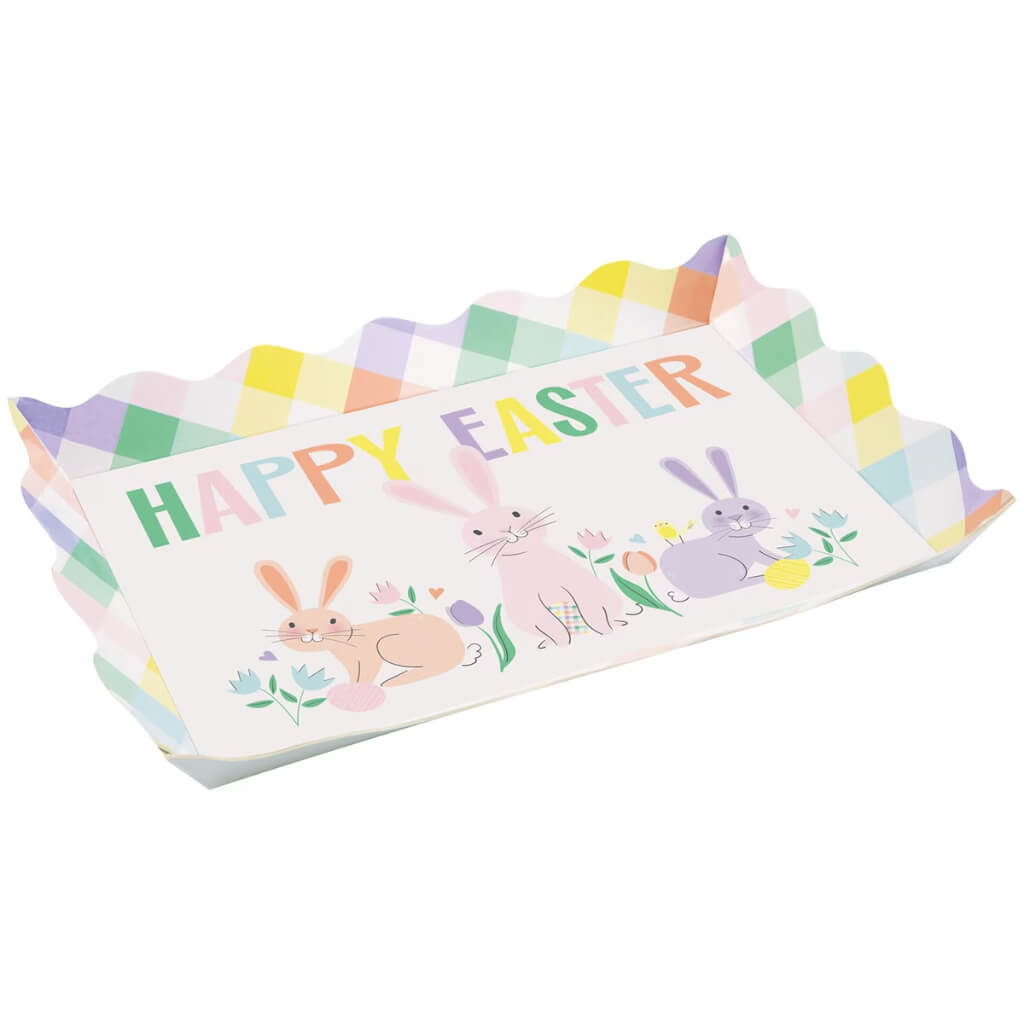 Pretty Happy Easter Rectangular Scalloped Edge Cardboard Serving Tray.