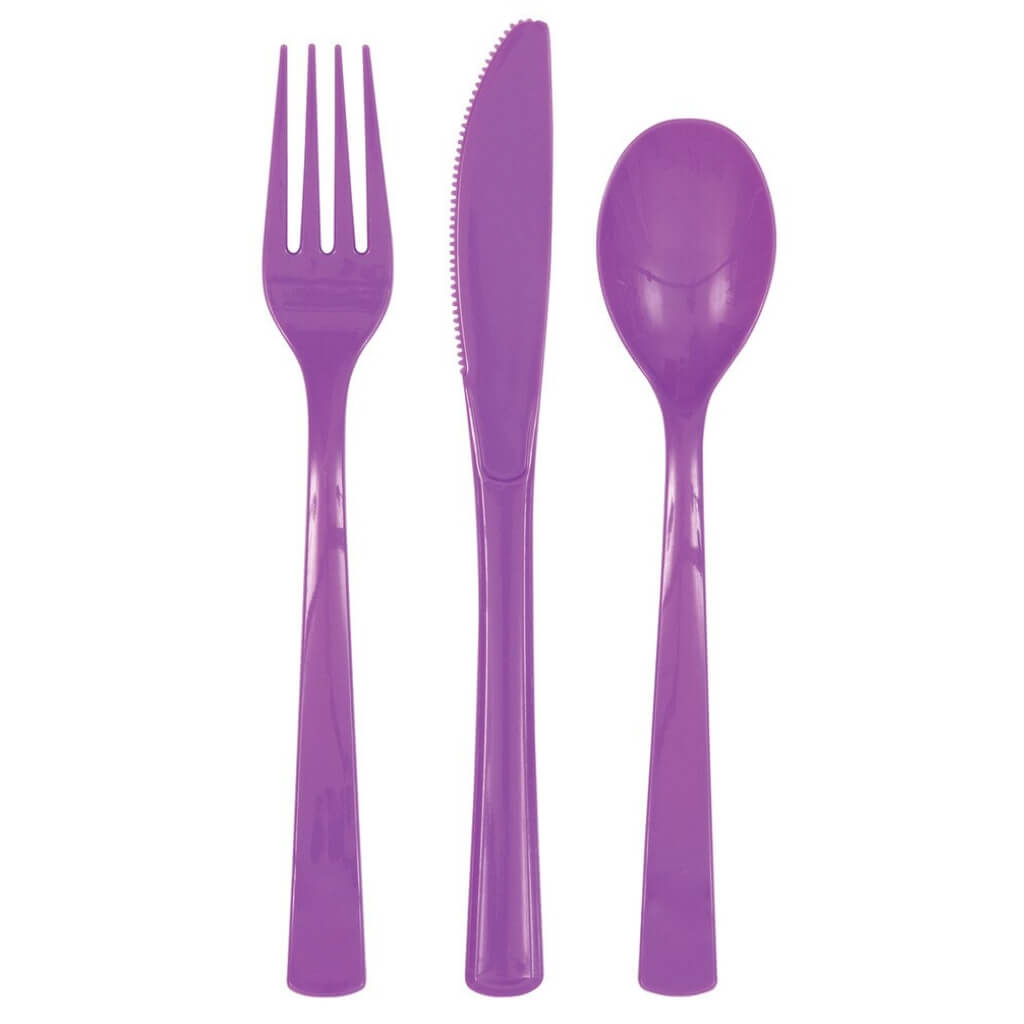 Purple forks knives and spoons reusable party set