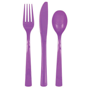 Purple forks knives and spoons reusable party set