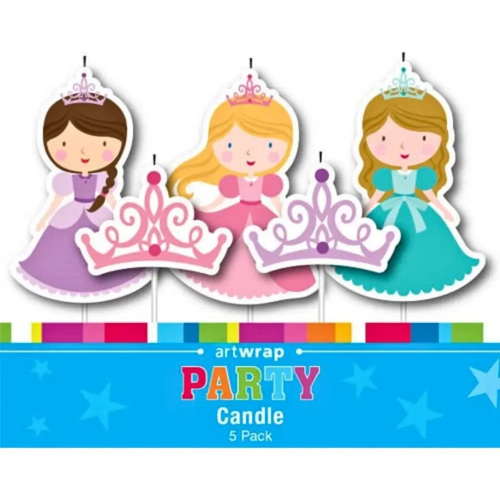Princess birthday cake candles 5 pack featuring three princess candles and two tiara candle picks for girls' birthday cakes