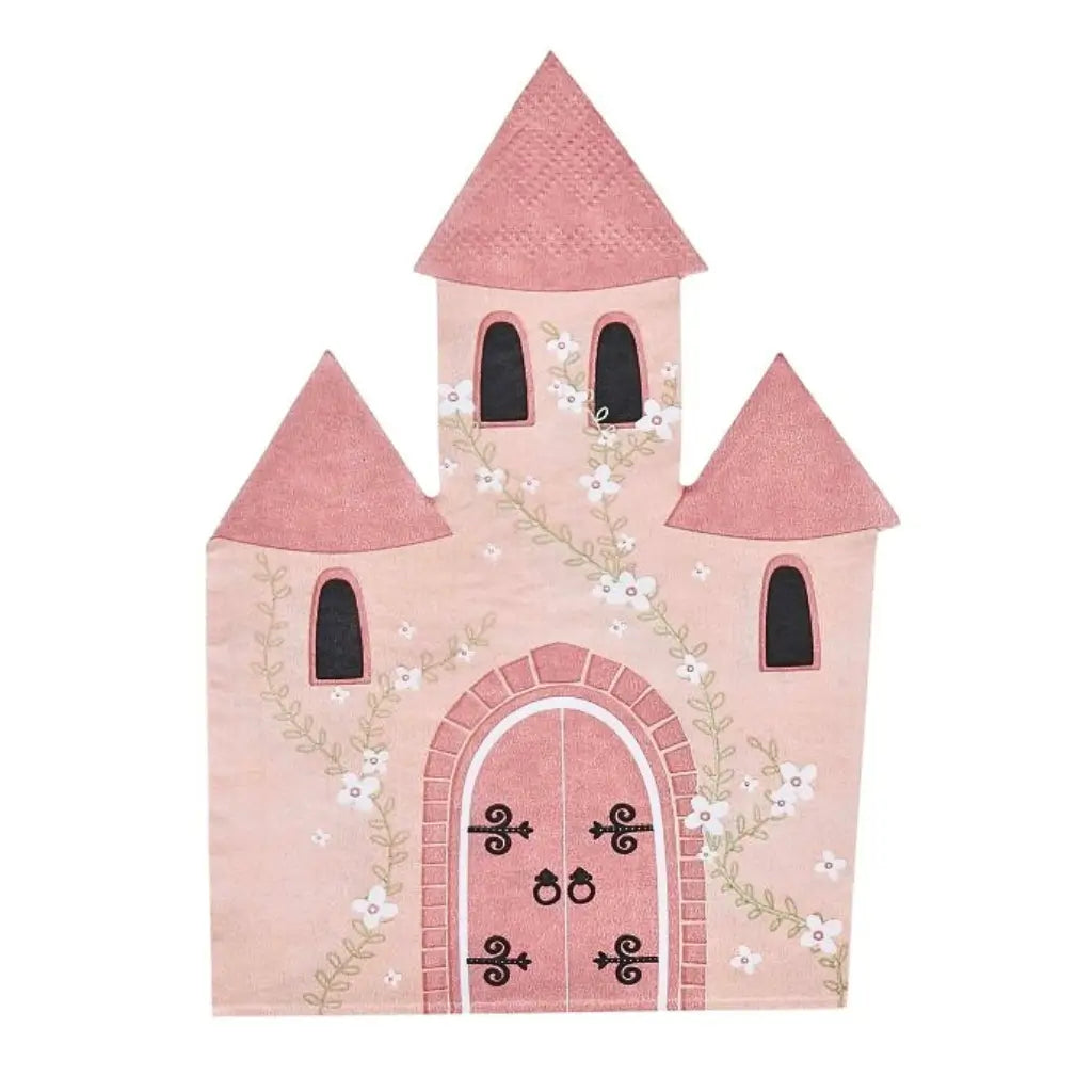 Fairytale castle-shaped napkins with white flowers and greenery details