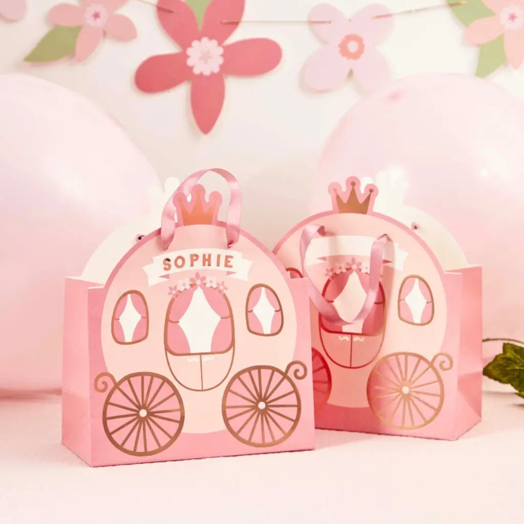 Little Princess pink carriage party bags with rose gold stickers and ribbon handles