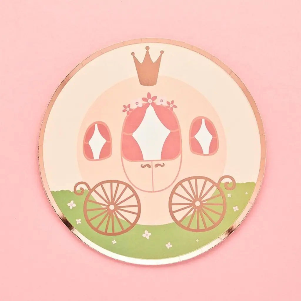 pack of 8 Little Princess carriage paper plates with rose gold foil details