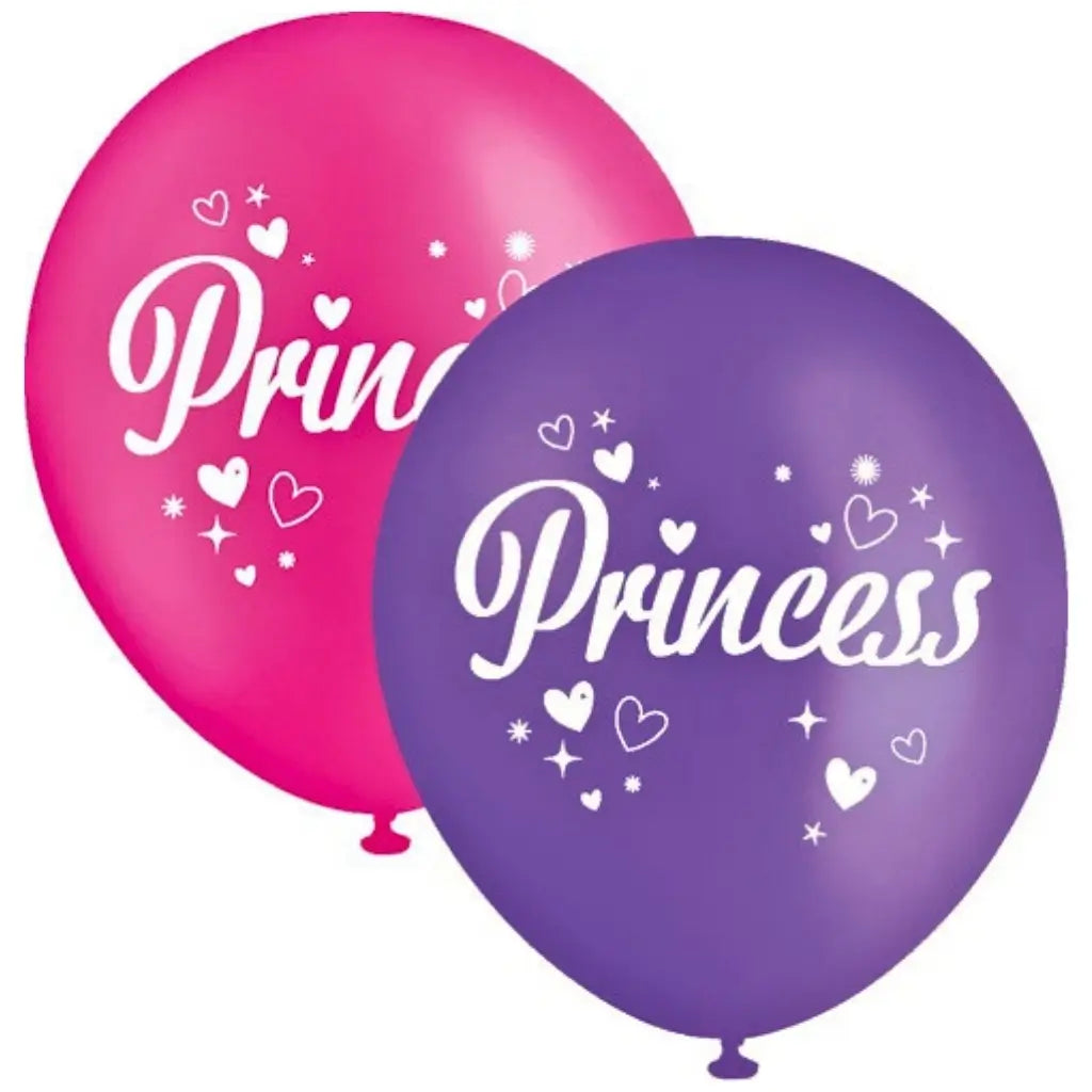 Princess printed 30cm latex balloons in pink and purple with white heart and star design, pack of 10
