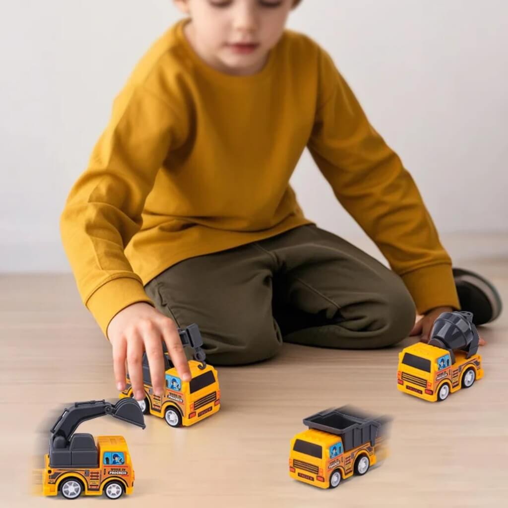 Pack of 4 Pull Back Construction Vehicles – Mini Engineering Toy Trucks for Kids' Construction Birthday Party