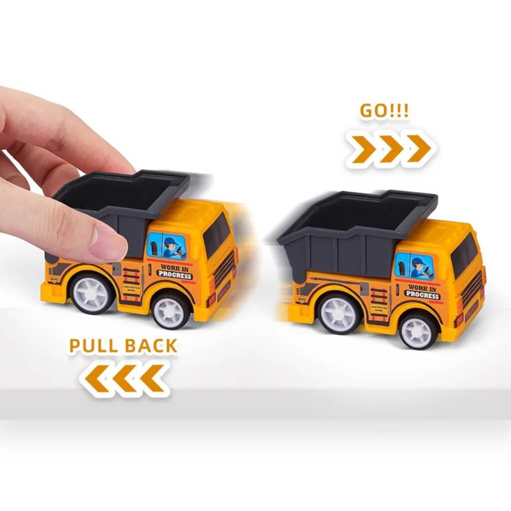 Pack of 4 Pull Back Construction Vehicles – Mini Engineering Toy Trucks for Kids' Construction Birthday Party