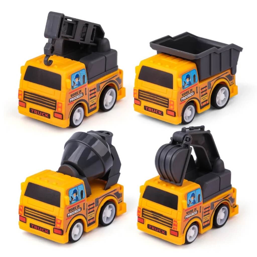 Pack of 4 Pull Back Construction Vehicles – Mini Engineering Toy Trucks for Kids' Construction Birthday Party