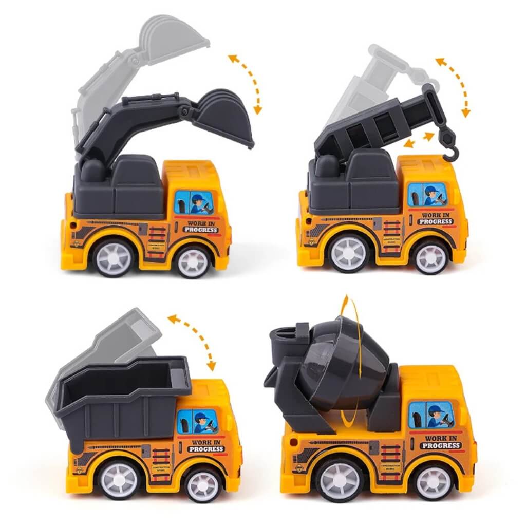 Pack of 4 Pull Back Construction Vehicles – Mini Engineering Toy Trucks for Kids' Construction Birthday Party