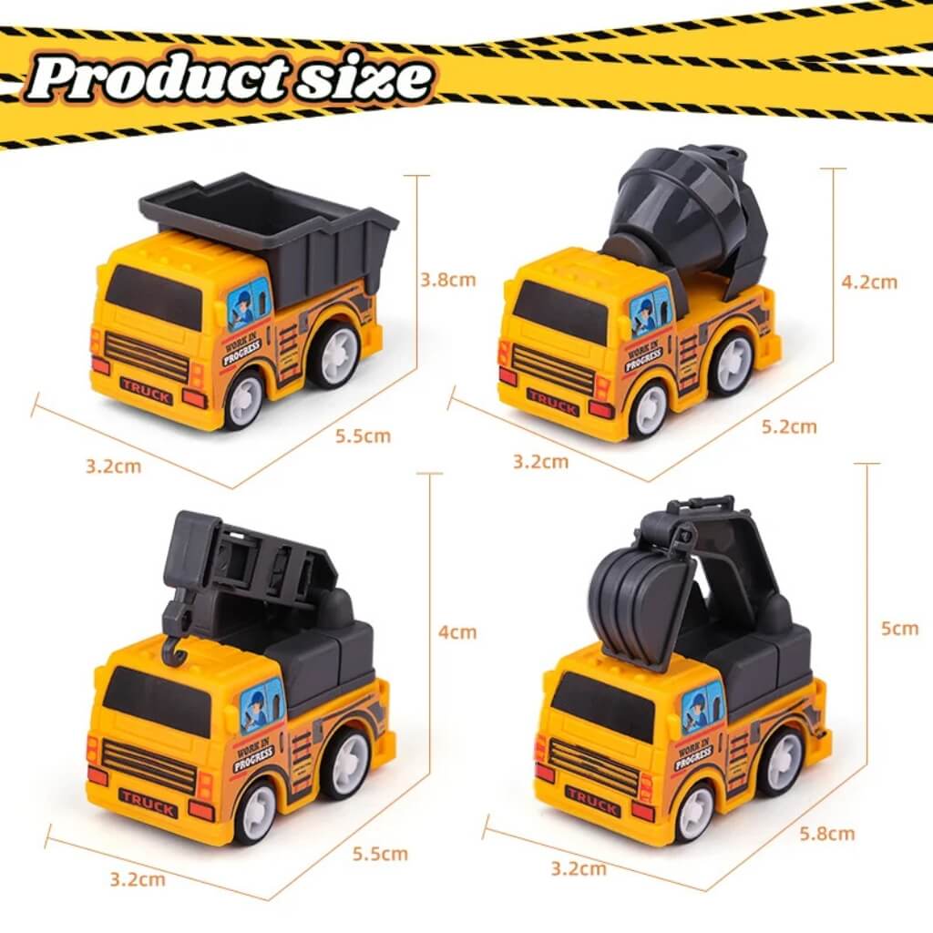Pack of 4 Pull Back Construction Vehicles – Mini Engineering Toy Trucks for Kids' Construction Birthday Party