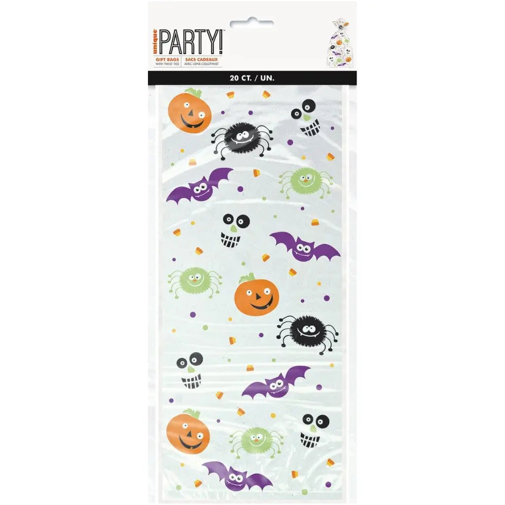Clear Halloween lolly bags featuring pumpkins bats and fuzzy spiders