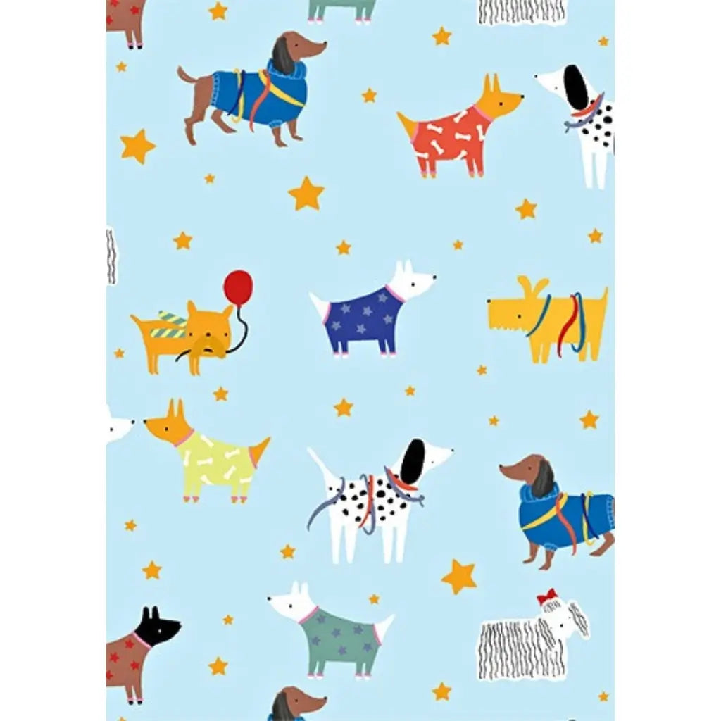 Puppy Dog Party folded gift wrapping paper with colourful dogs and stars
