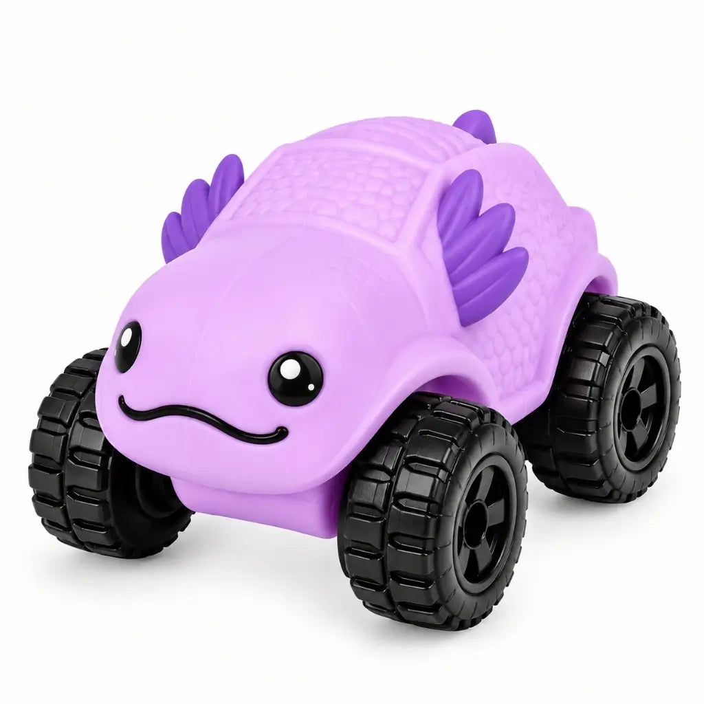 Purple axolotl sand-filled sensory vehicle with black rolling wheels