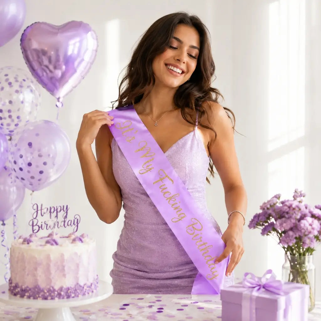 Purple 'It's My Fucking Birthday' Sash - Gold Glitter Print