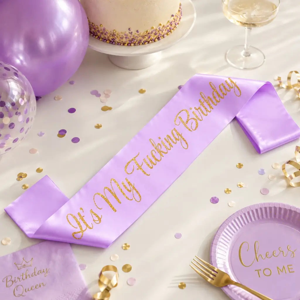 Purple 'It's My Fucking Birthday' Sash - Gold Glitter Print