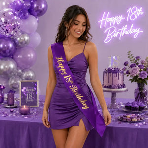 Purple Happy 18th Birthday Party Fabric Sash