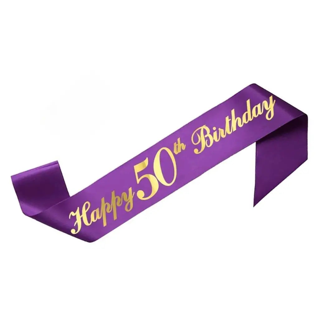 Purple Happy 50th Birthday Party Fabric Sash