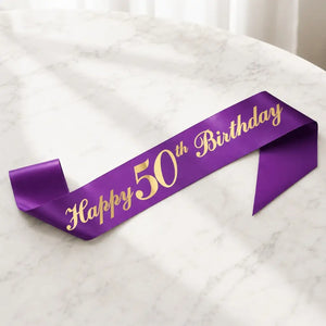 Purple Happy 50th Birthday Party Fabric Sash