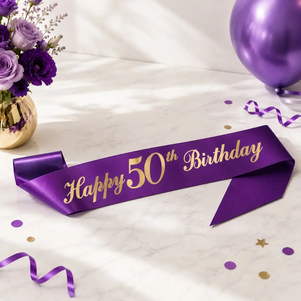Purple Happy 50th Birthday Party Fabric Sash