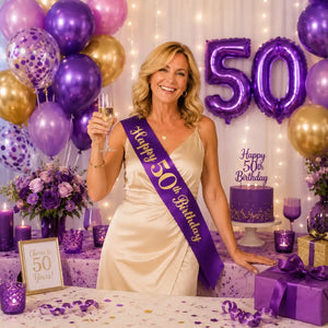 Purple Happy 50th Birthday Party Fabric Sash