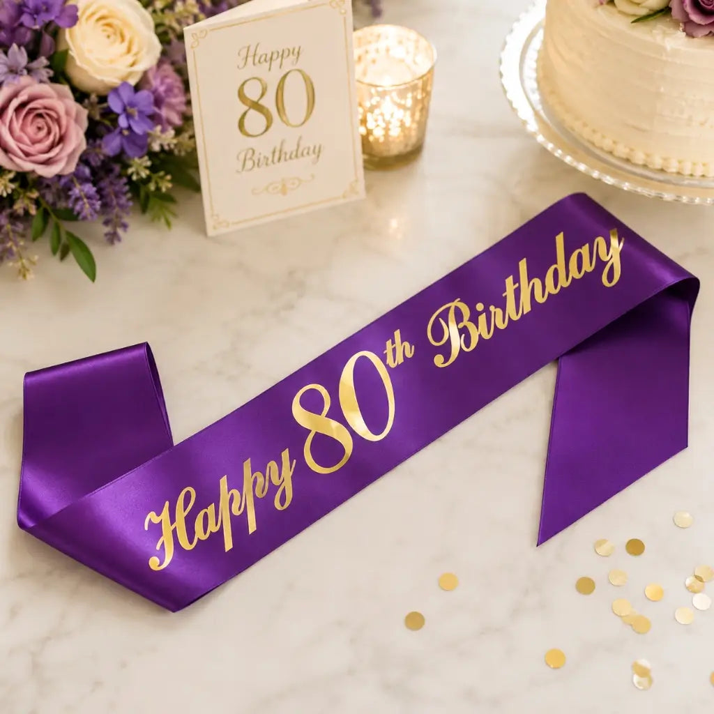 Purple Happy 80th Birthday Party Fabric Sash