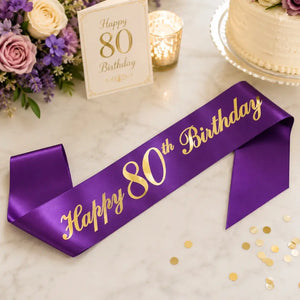 Purple Happy 80th Birthday Party Fabric Sash