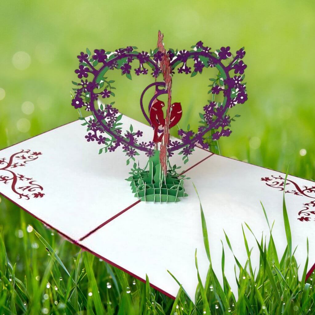 Handmade Red Love Birds Tree 3D Pop Up Valentine's Day Card - Red Cover