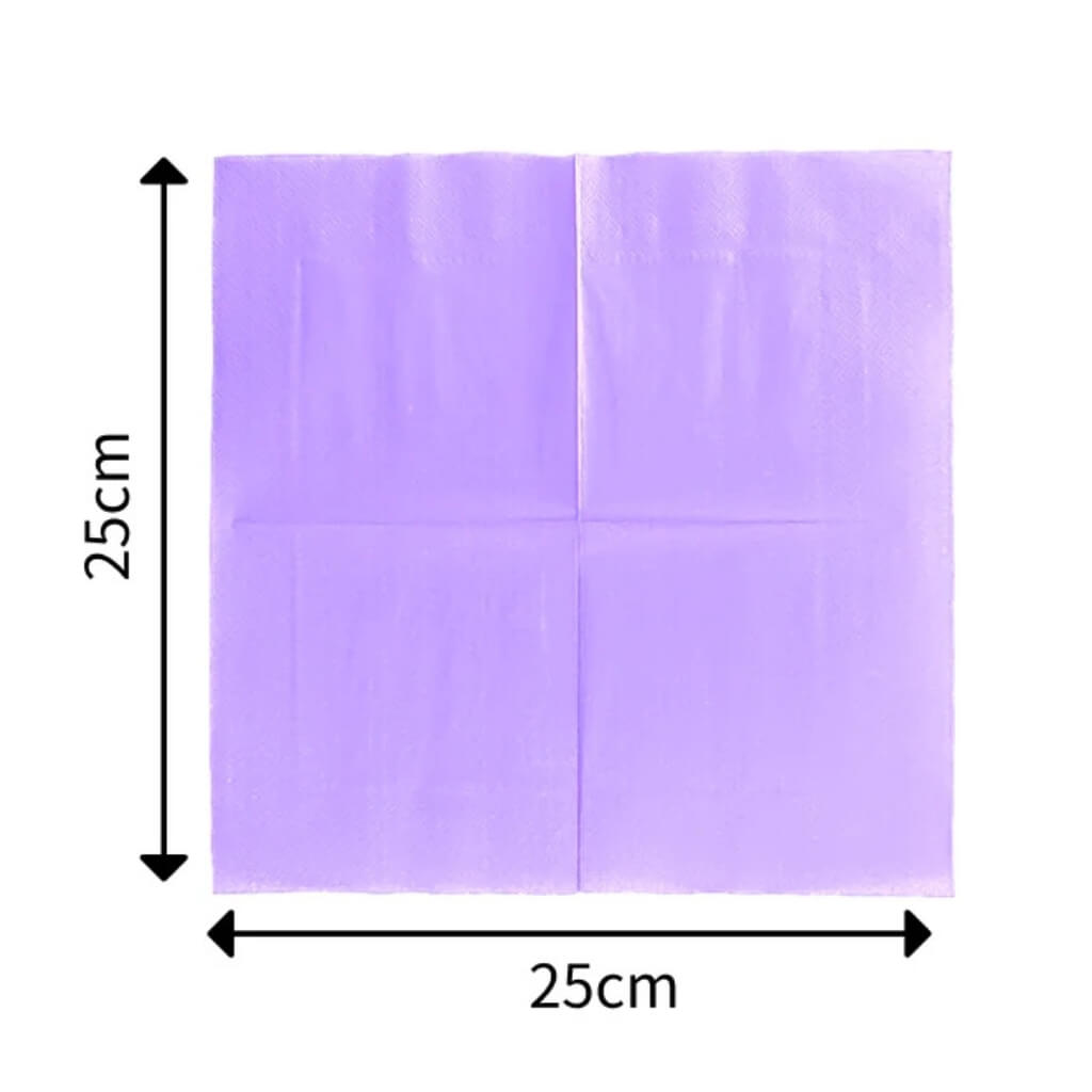 Light purple paper serviettes styled with matching cups and plates