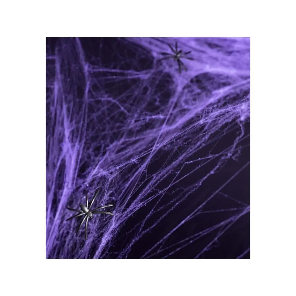 Purple stretch spiderweb Halloween decoration with two black spiders