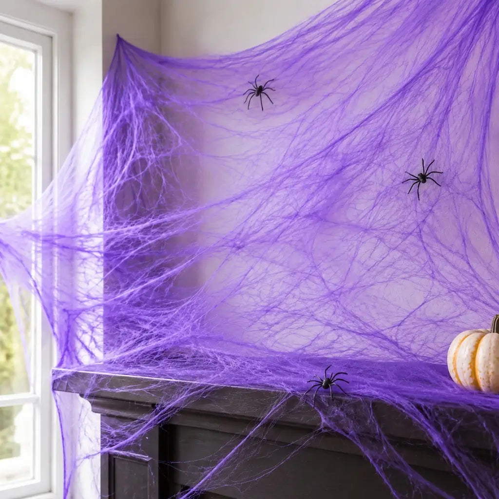 Purple stretch spiderweb Halloween decoration with two black spiders