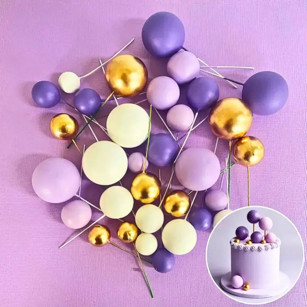 Purple white and gold deco foam ball cake topper set