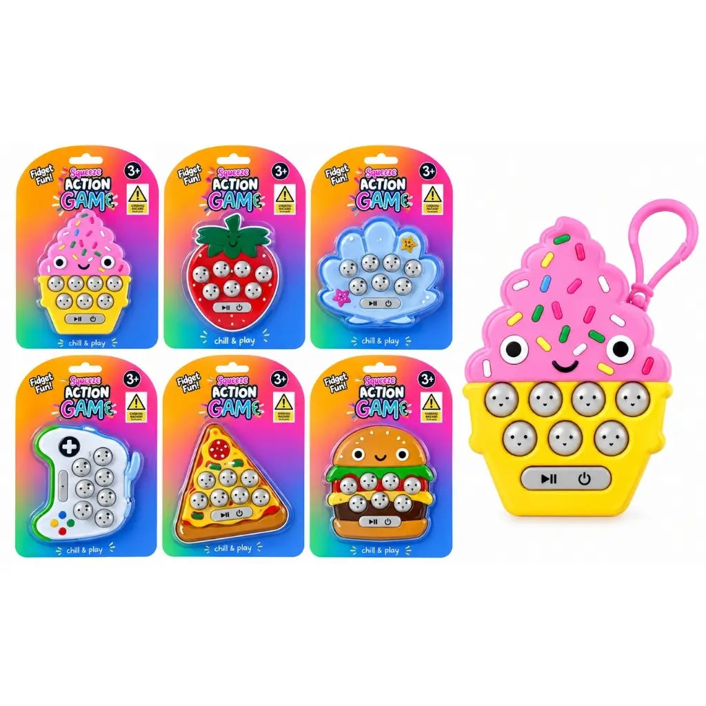 Six quick reaction button games in selectable food shell and controller designs