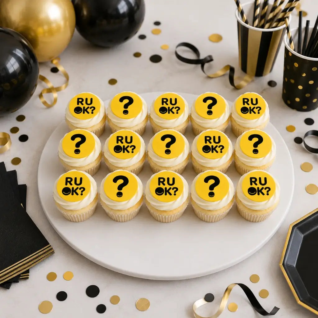 R U OK? Day Edible Cupcake Toppers 5cm – 15 Pre-Cut Icing Images